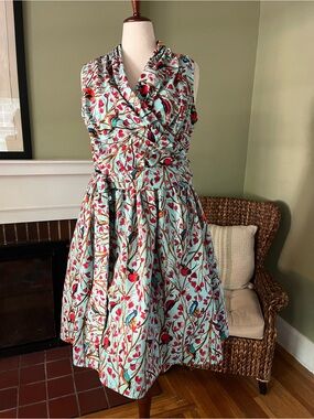 Retrolicious Bird Print Fit & Flare Dress l Surplice Neckline l 100% Cotton l 3X